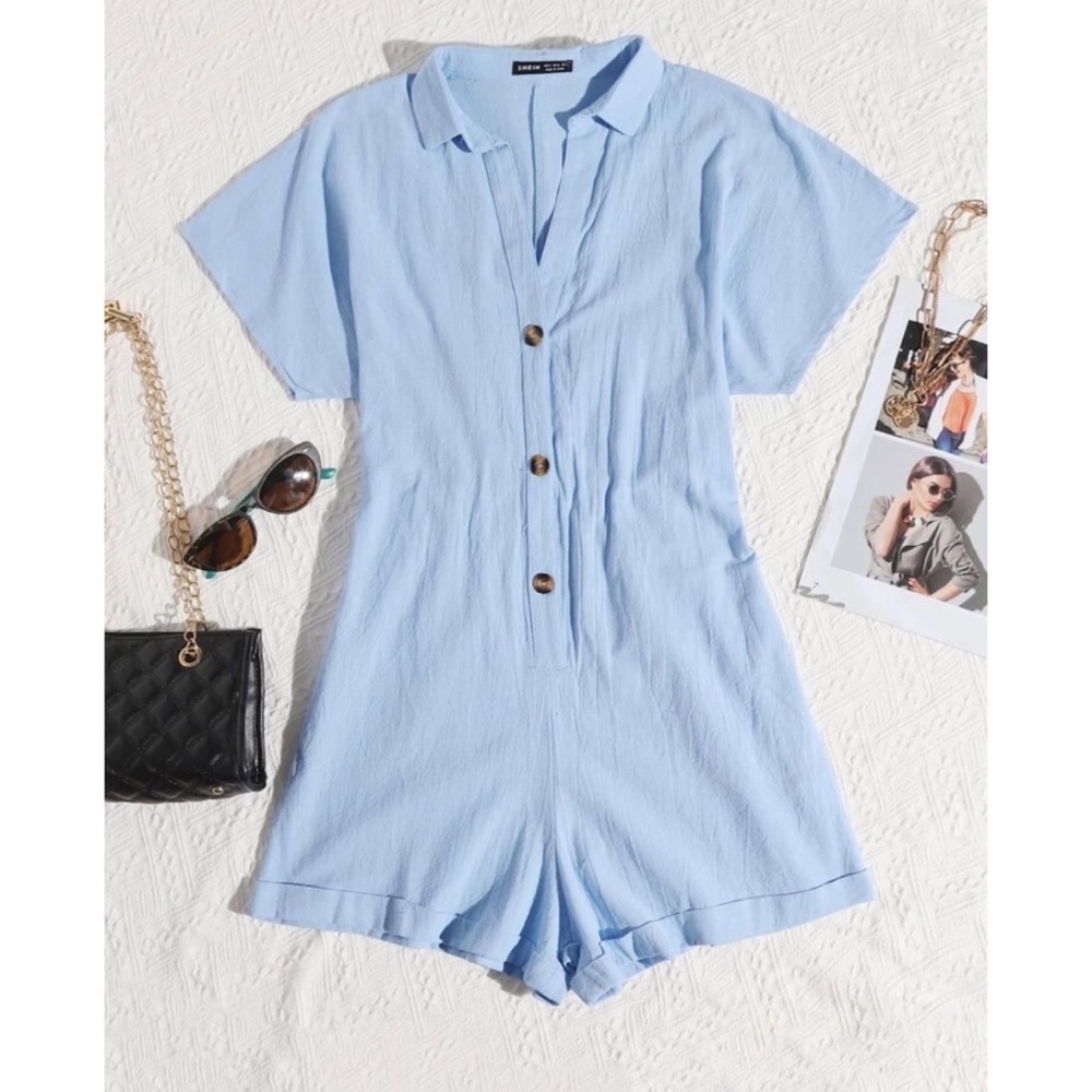 NWOT Shein Button Down Short Sleeve Romper in Light Blue Size S